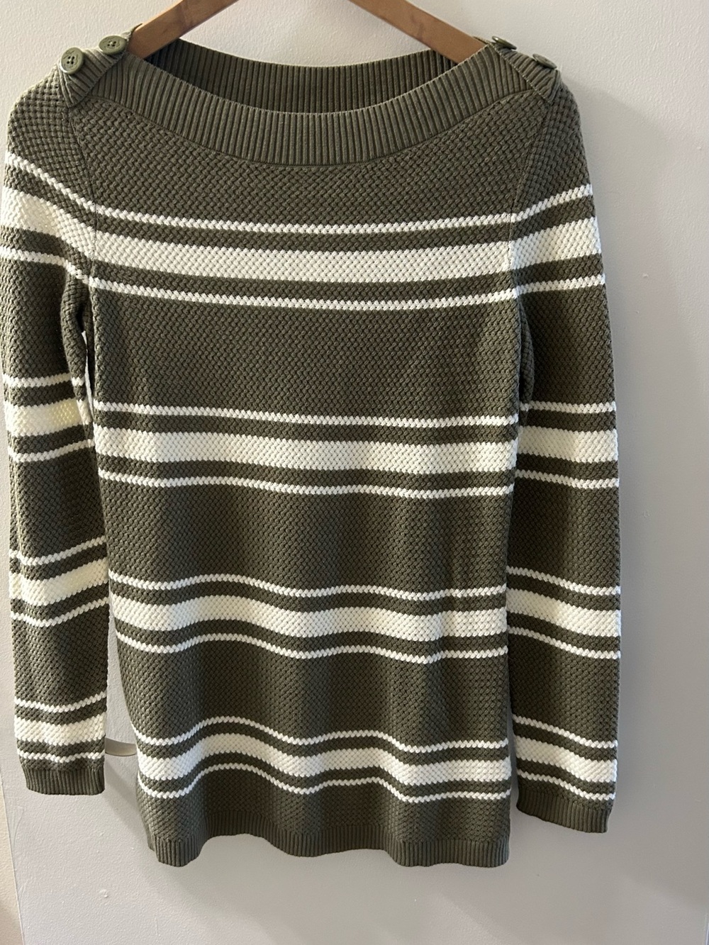 Talbots Olive and White Striped Button-Shoulder Sweater